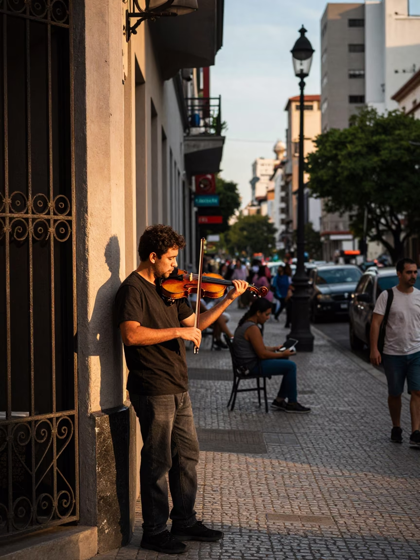 Bustling Buenos Aires Street Scene Late Afternoon with Violinist and Local Architecture in in Buenos Aires, Argentina