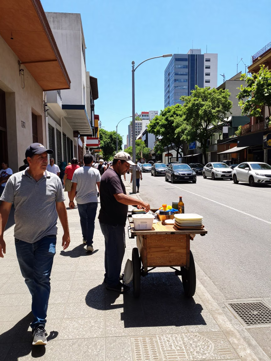 Bustling Buenos Aires Street Scene Under Flat Noon Light with Market Activity in in Buenos Aires, Argentina