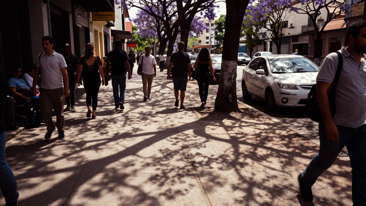 Bustling Buenos Aires Street Scene with Leaf Shadows on Fabric and Jacaranda Bloom in in Buenos Aires, Argentina