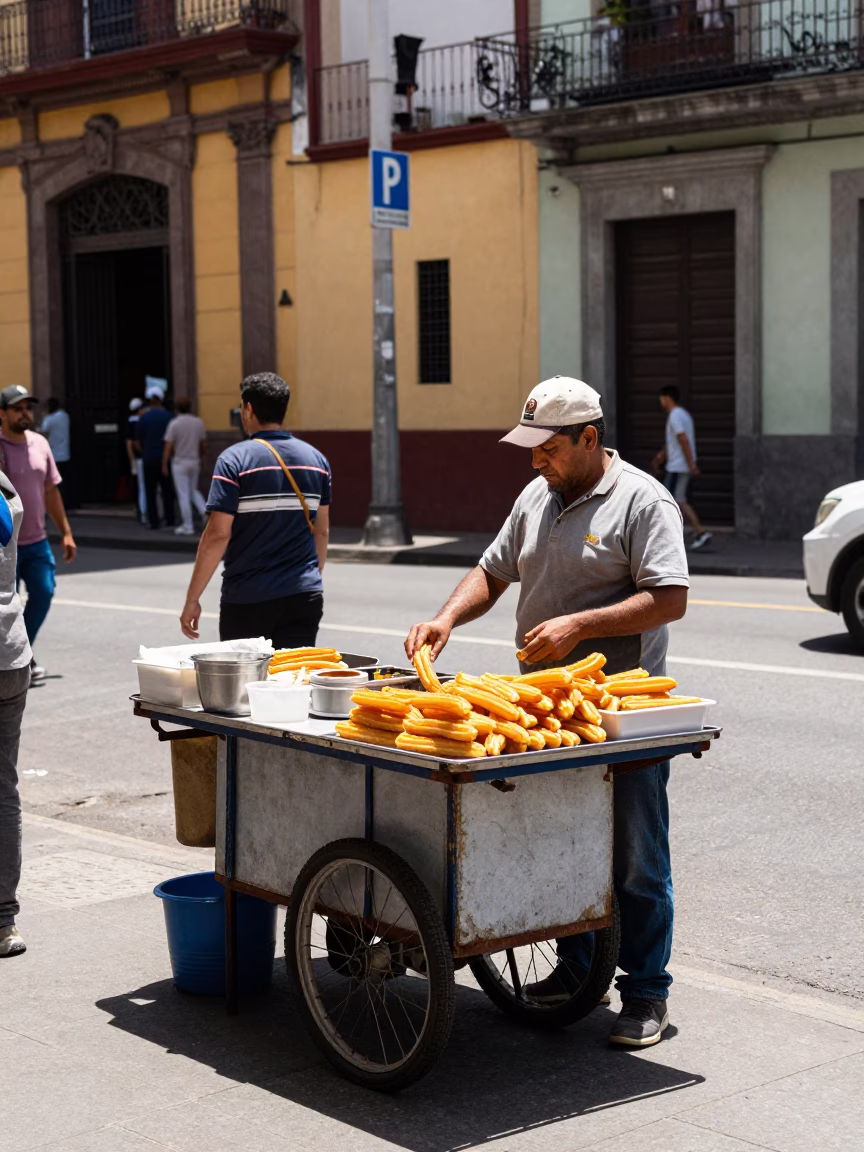 Bustling Buenos Aires Street Vendor Selling Spanish Churros and Thick Hot Chocolate at Midday in in Buenos Aires, Argentina