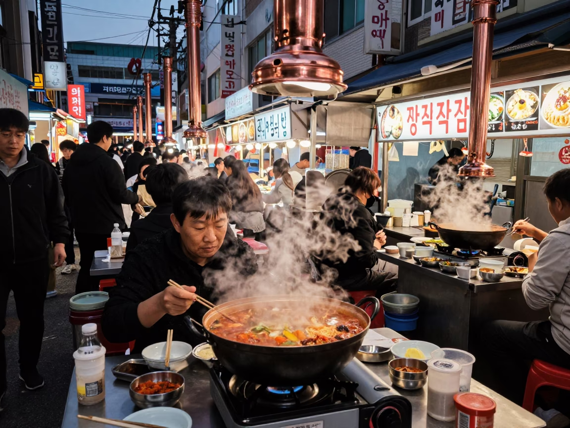 Bustling Busan Street Food Stall at Dusk with Bubbling Jjigae and Pigeons in in Busan, South Korea