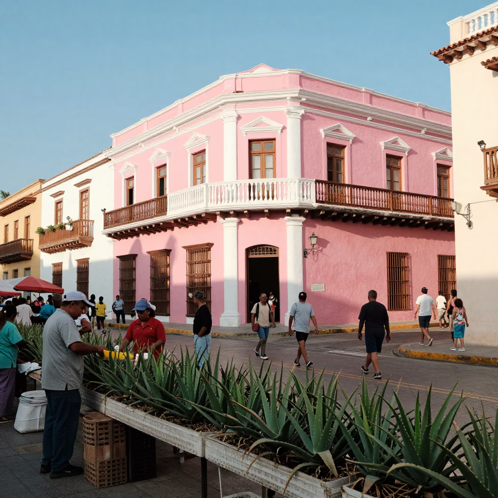 Bustling Cartagena Colombia Street Market Scene with Aloe Vera Plants and Local Commerce in in Cartagena, Colombia