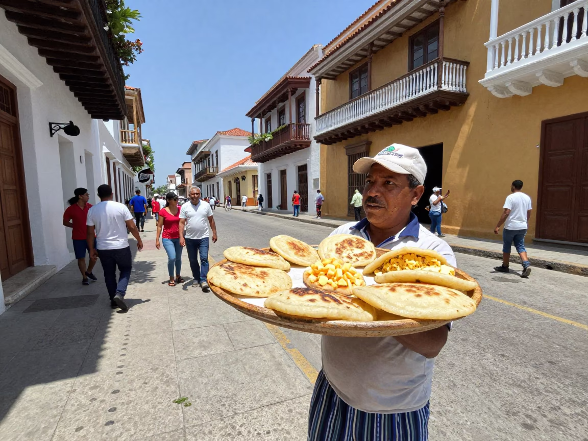 Bustling Cartagena Colombia Street Scene Midday with Tray of Arepas and Local Market Activity in in Cartagena, Colombia