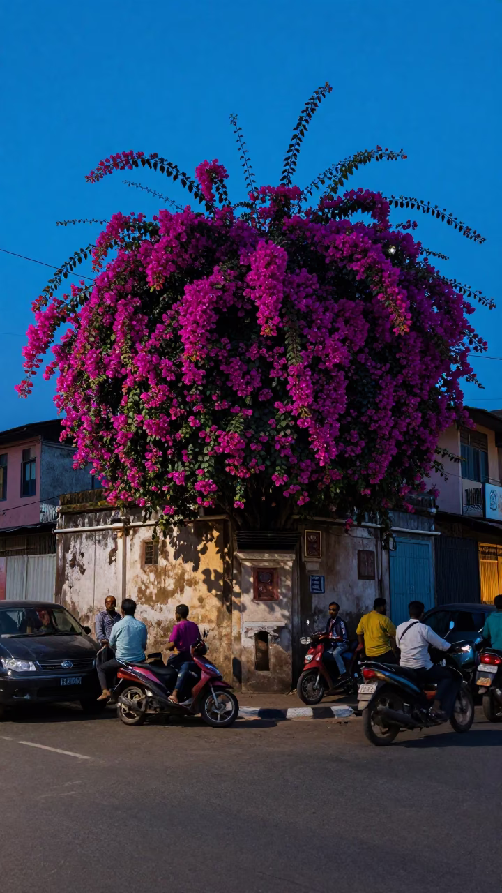 Bustling Chennai Street Scene in Indigo Twilight with Bougainvillea and Banyan Tree in in Chennai, India