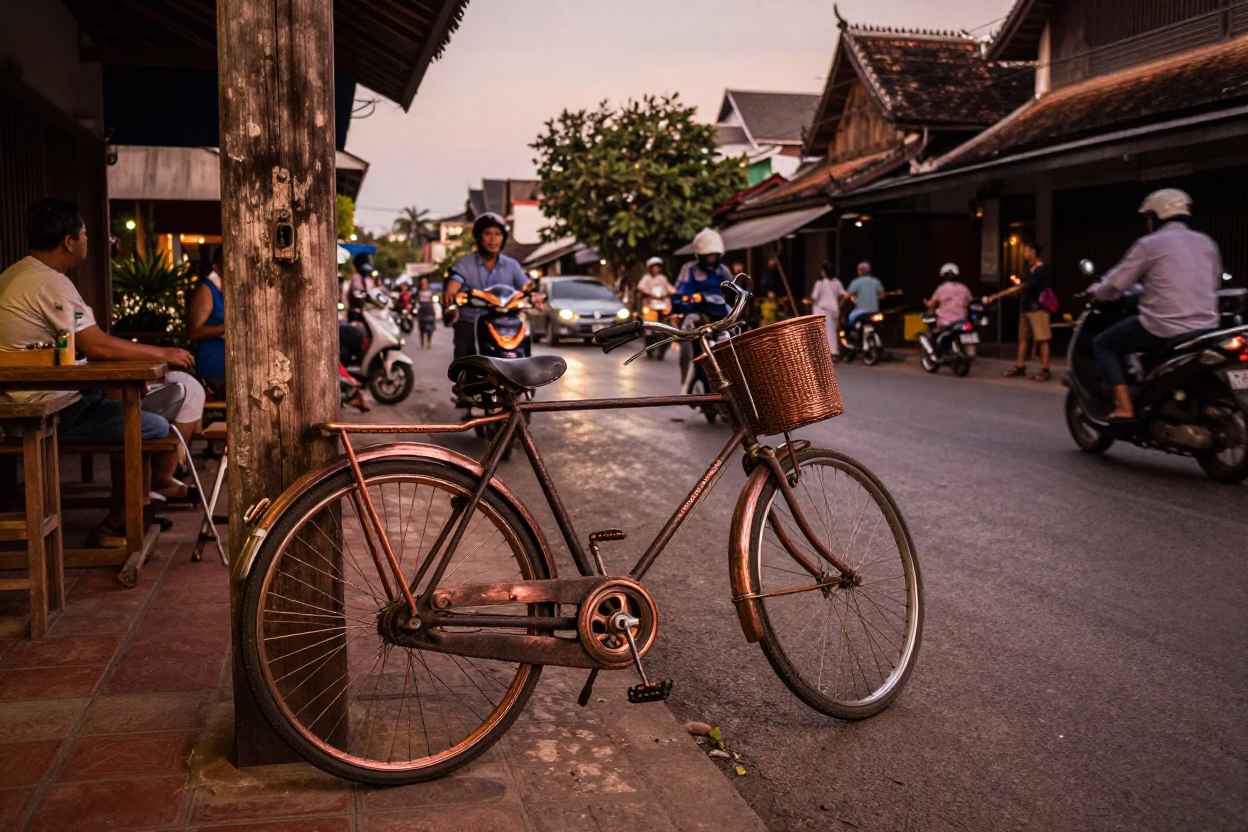Bustling Chiang Mai Street Scene with Vintage Bicycle and Copper Dusk Light in in Chiang Mai, Thailand