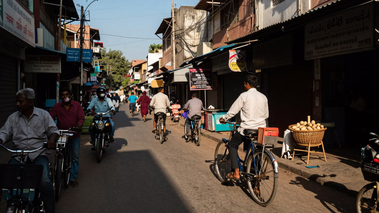 Bustling Hyderabad Street Scene with Traditional Bicycles and Shopkeeper in Late Afternoon Light in in Hyderabad, India