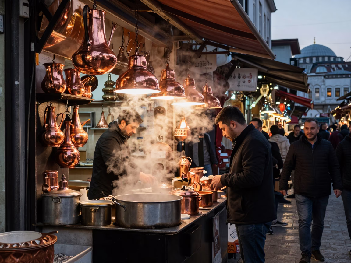 Bustling Istanbul Bazaar Stall with Steam Haze and Copper Dusk Light in in Istanbul, Turkey