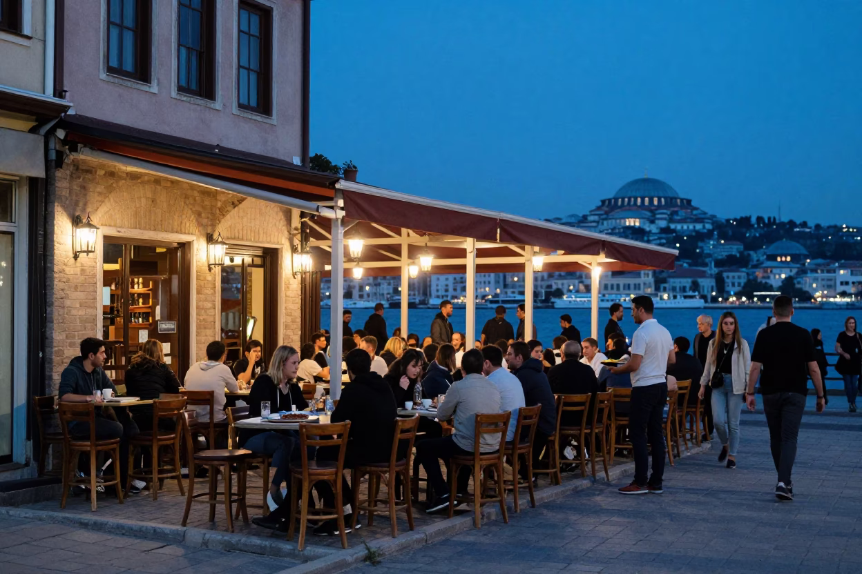 Bustling Istanbul Cafe Terrace at Dusk with Manakeesh Zaatar and Bar Stools in in Istanbul, Turkey