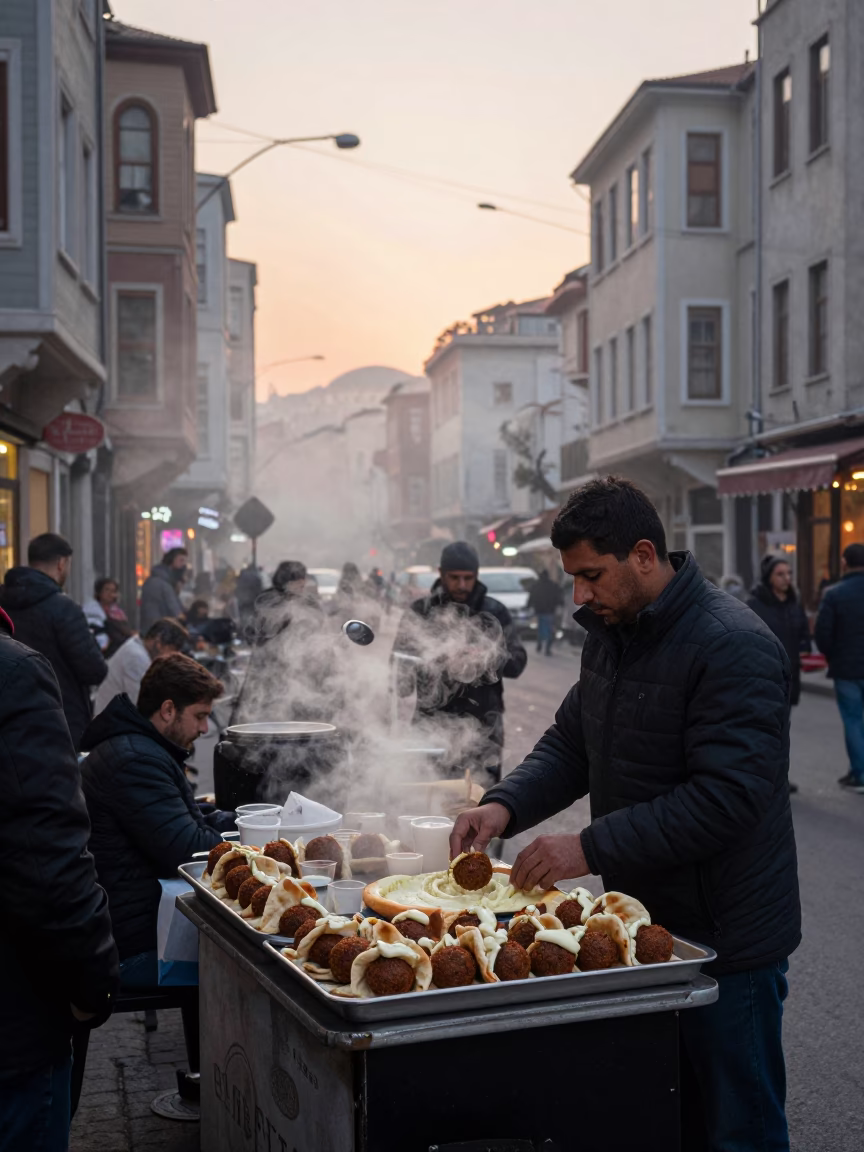 Bustling Istanbul Street Corner Before Dawn with Steam Haze and Morning Vendors in in Istanbul, Turkey