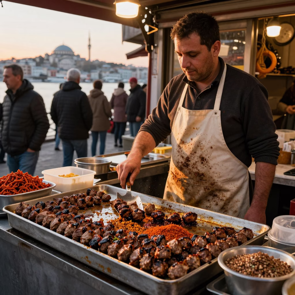 Bustling Istanbul Street Food Vendor Serving Kofte and Grilled Peppers at Sunset in in Istanbul, Turkey