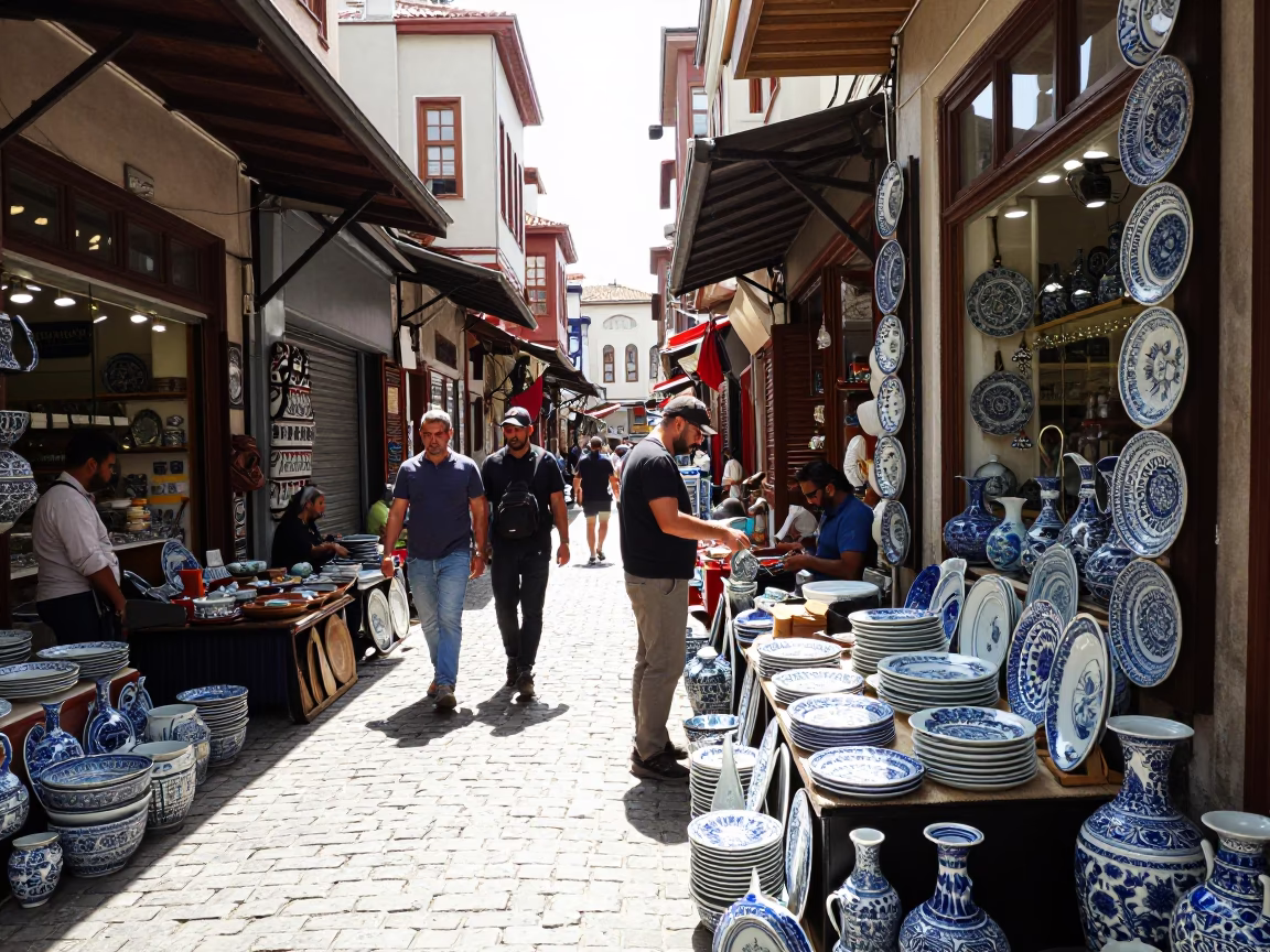 Bustling Istanbul Street Market Midday with Blue Porcelain and Baguettes in in Istanbul, Turkey