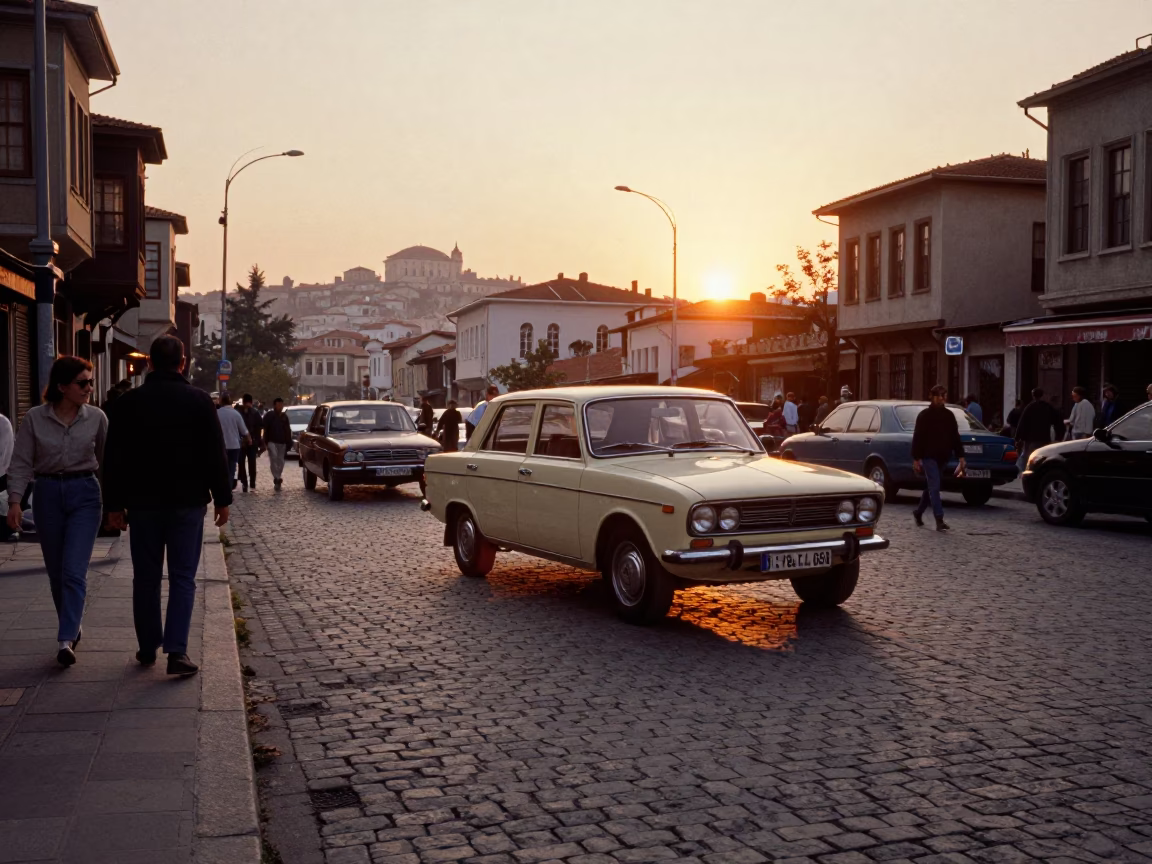 Bustling Istanbul Street Scene at Sunset with Vintage Cars and Local Vendors in in Istanbul, Turkey