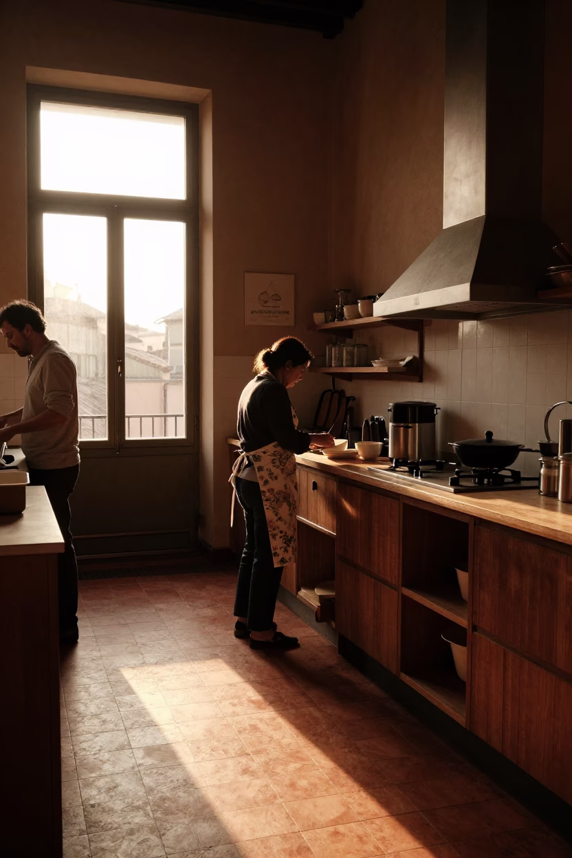 Bustling Kitchen in Bologna at Golden Hour in in Bologna, Italy