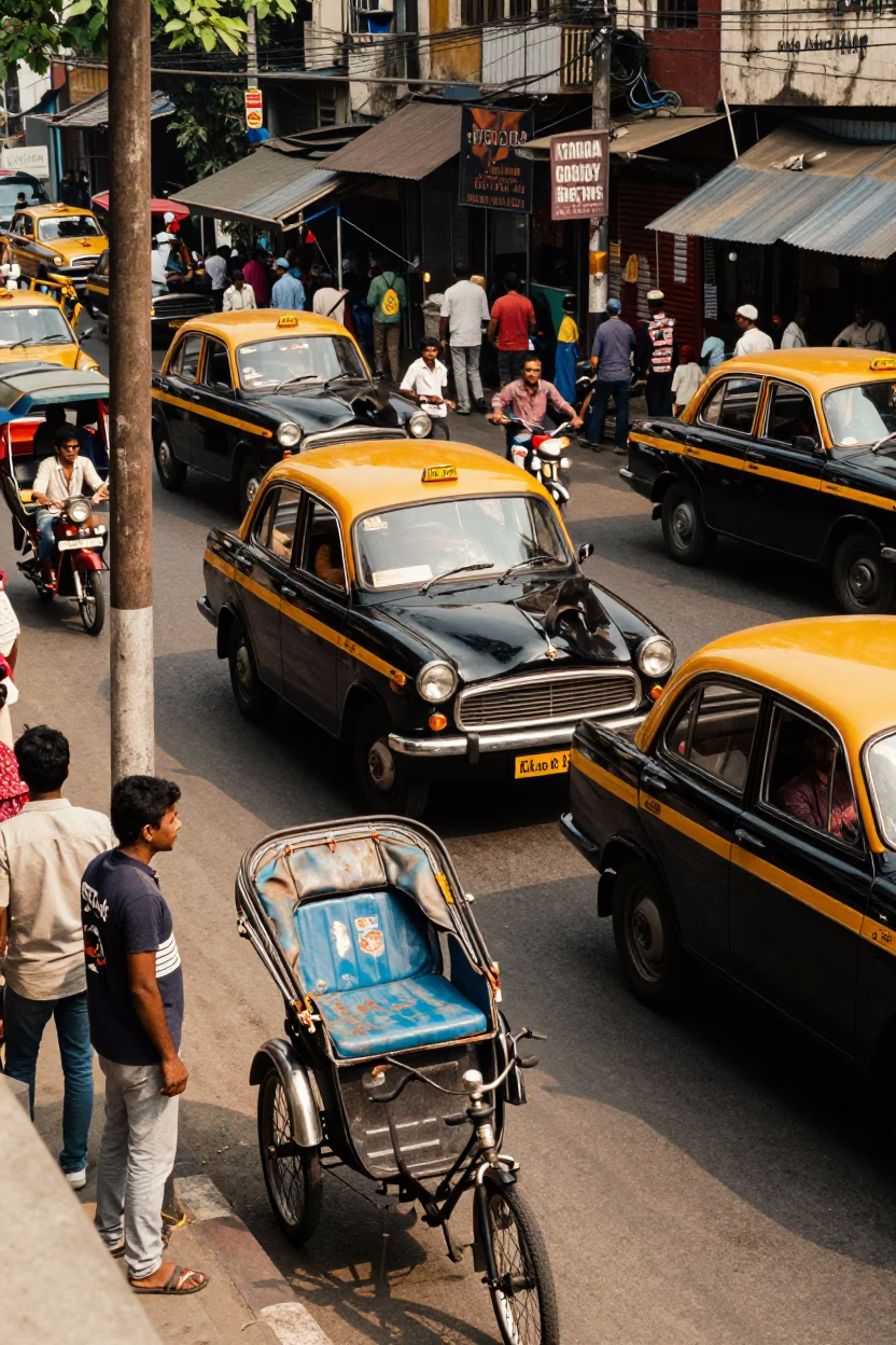 Bustling Kolkata Street Scene with Rickshaws and Local Commerce in in Kolkata, India
