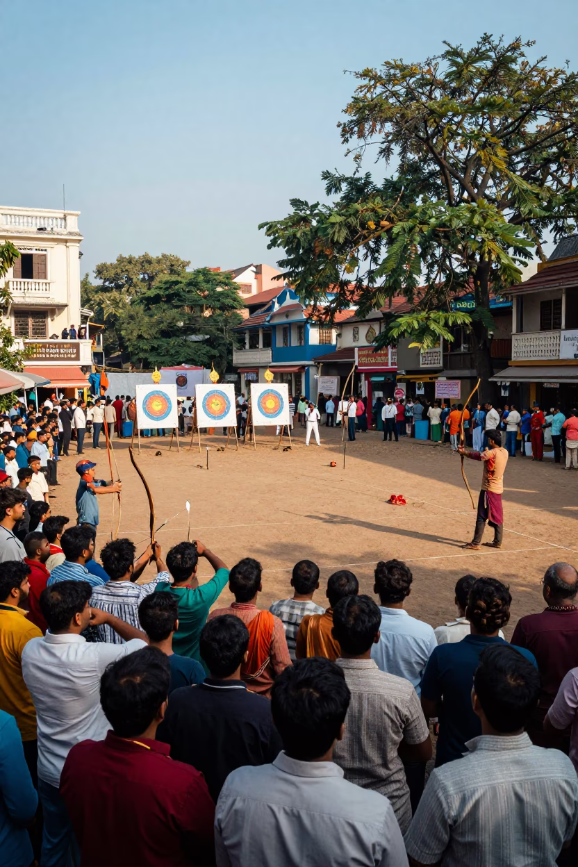 Bustling Kolkata Street Scene with Traditional Archery Contest in Late Afternoon Light in in Kolkata, India