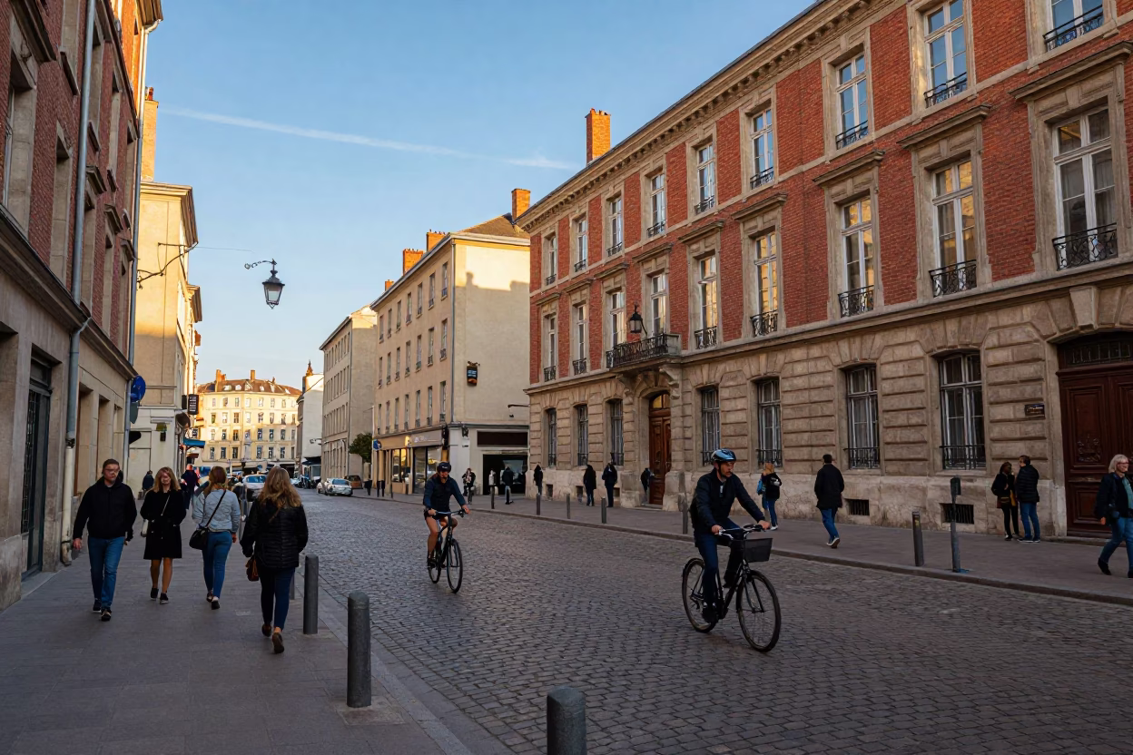 Bustling Lyon Street Scene in Late Afternoon Light with Cyclists and Historic Architecture in in Lyon, France