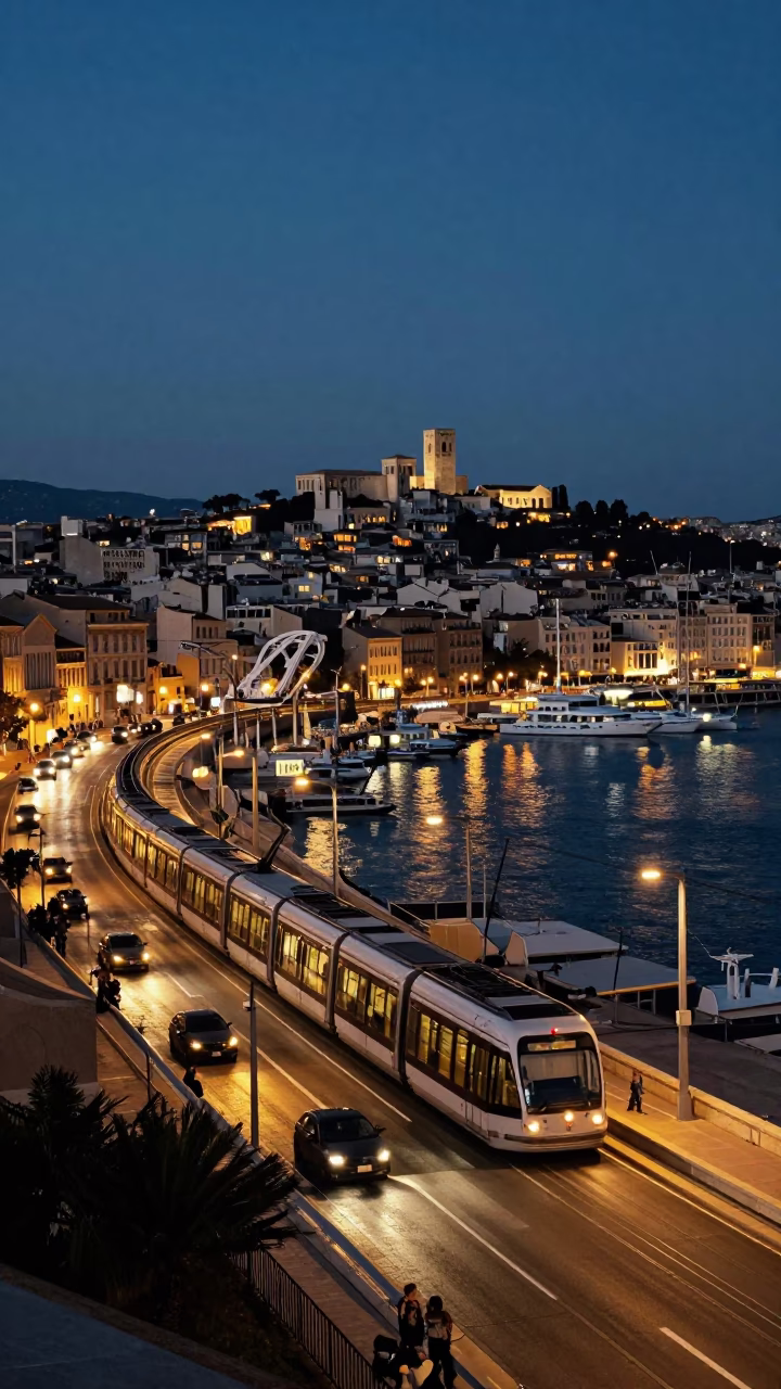 Bustling Marseille Port Evening with Monorail and City Lights Glow in in Marseille, France