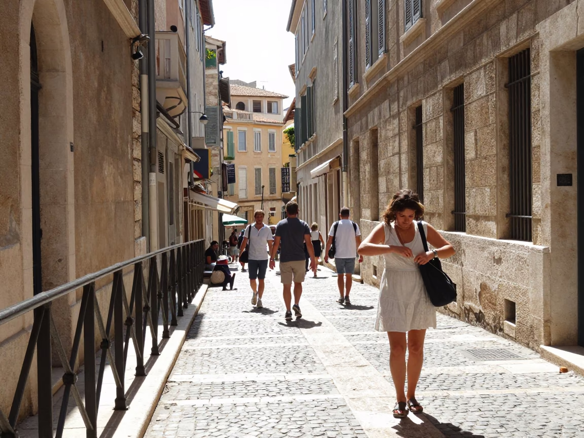 Bustling Marseille Street Scene with Stair Rail and Urban Architecture at Midday in in Marseille, France