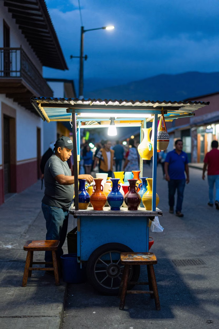Bustling Medellin Street Stall at Blue Hour with Vase and Worn Chair in in Medellin, Colombia