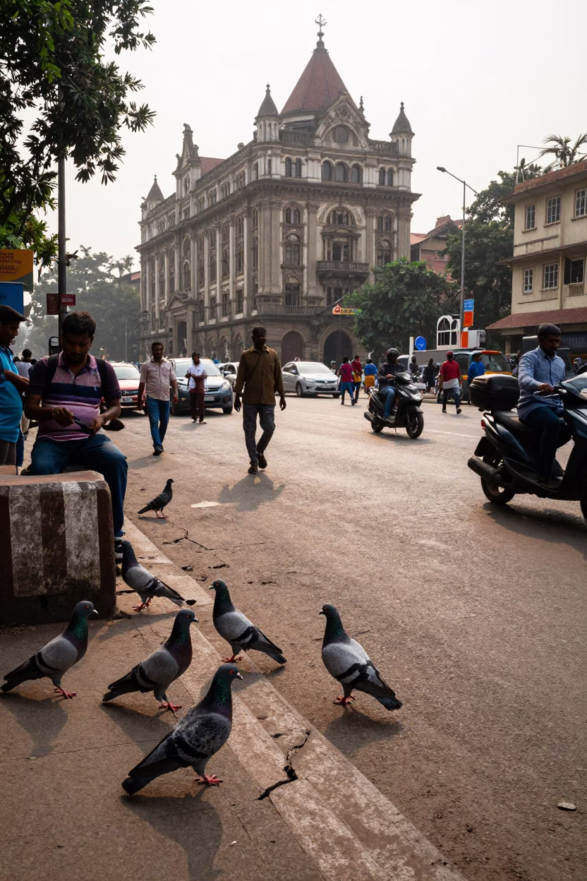 Bustling Mumbai Street Scene Late Morning with Pigeons and Heritage Architecture in in Mumbai, India