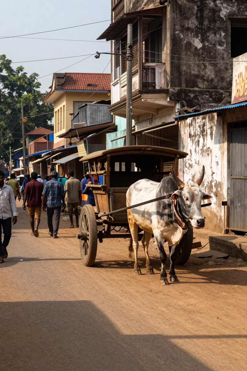 Bustling Mumbai Street Scene with Ox Cart and Colonial Architecture in Late Afternoon Light in in Mumbai, India