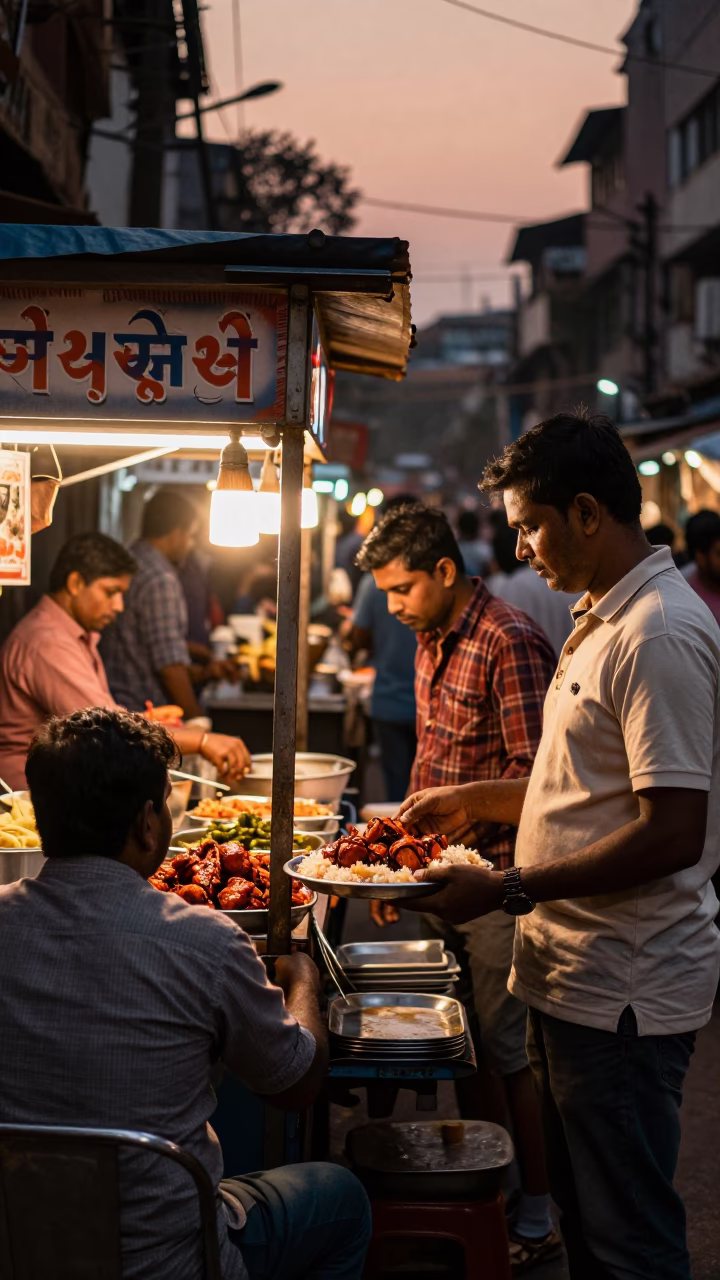 Bustling Mumbai Street Stall in Copper-Toned Dusk Light with Local Food and Vegetables in in Mumbai, India