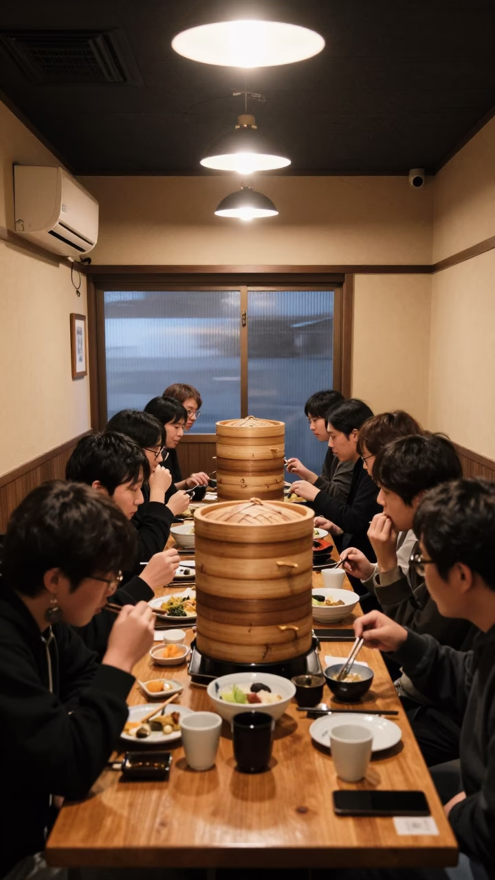 Bustling Osaka Dining Room Evening with Bamboo Steamers and Traditional Japanese Cuisine in in Osaka, Japan