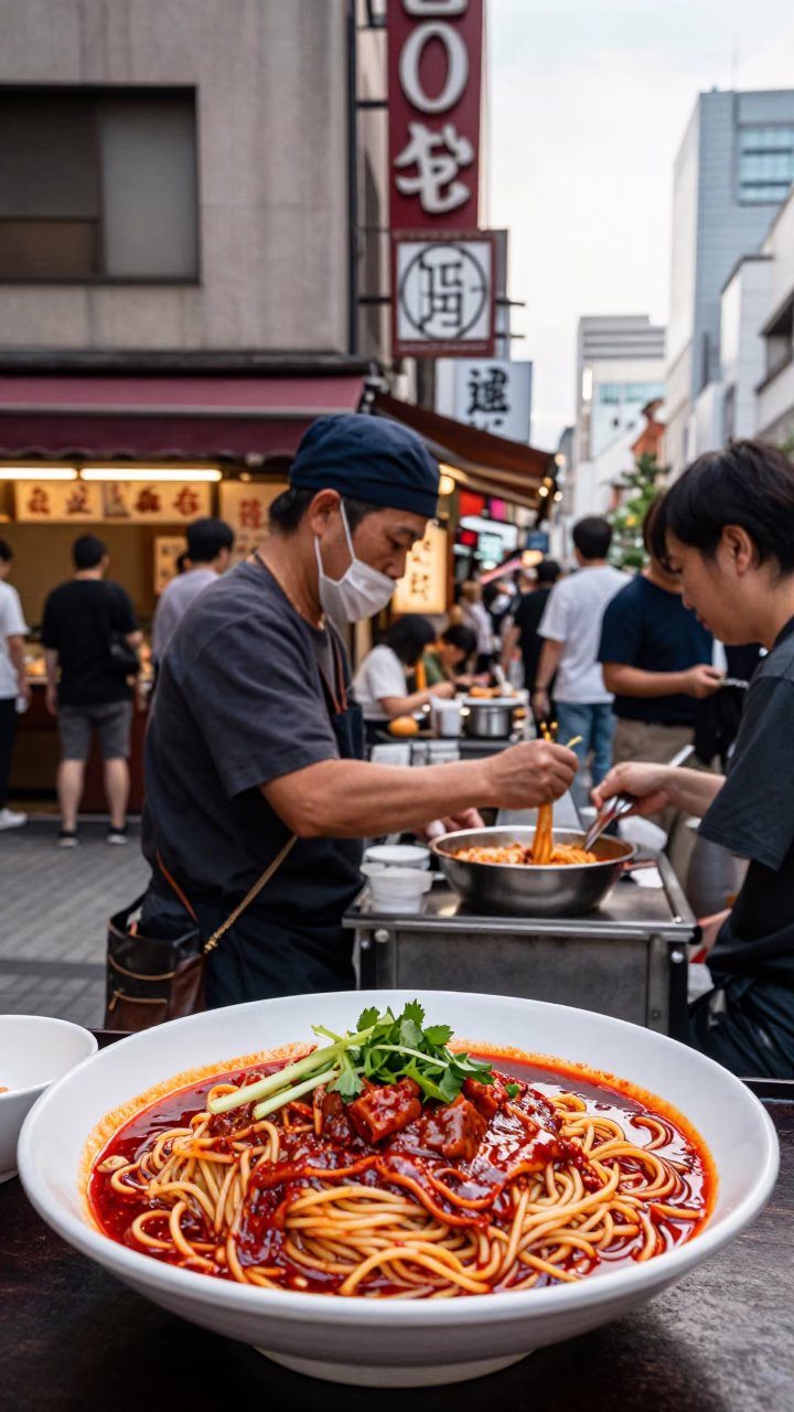 Bustling Osaka Street Corner Early Afternoon with Bibim Guksu and Garden Shears in in Osaka, Japan