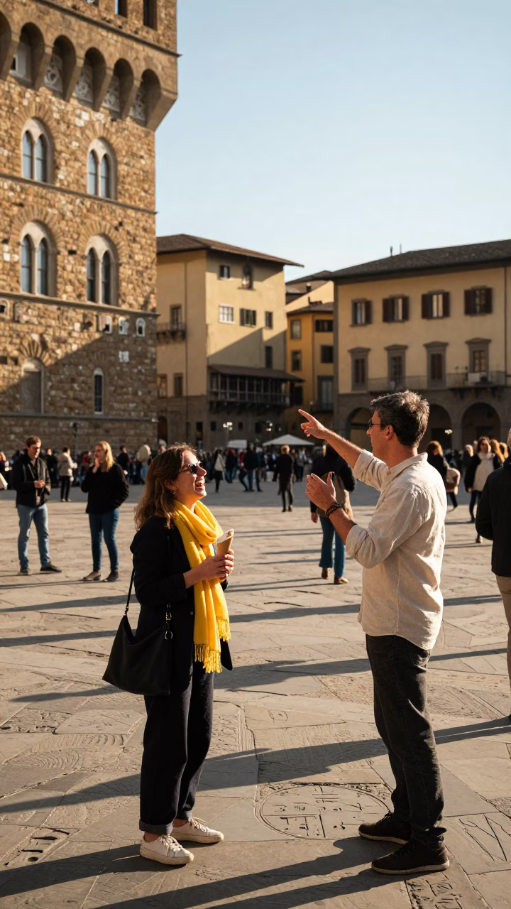 Bustling Piazza at Clear Late-afternoon Light in Florence in in Florence, Italy