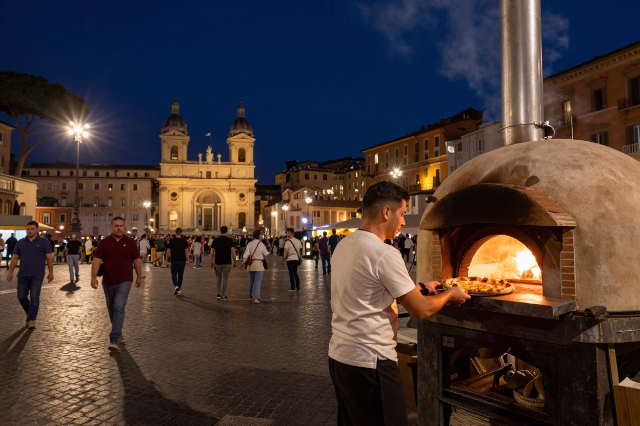 Bustling Piazza in Rome at The Deepest Night Sky Light in in Rome, Italy
