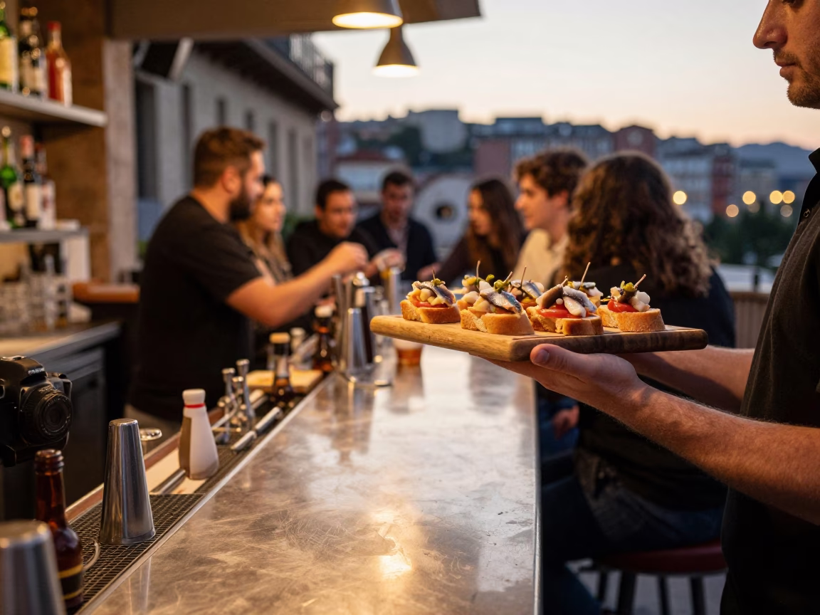 Bustling Pintxo Bar Counter in Bilbao Spain Evening Light with Spanish Tapas in in Bilbao, Spain