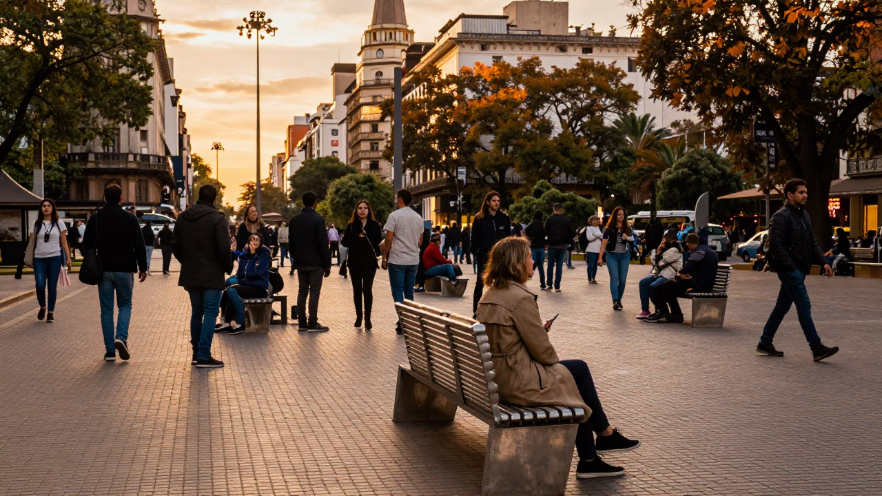 Bustling Plaza in Buenos Aires at Copper-toned Light Before Dusk in in Buenos Aires, Argentina