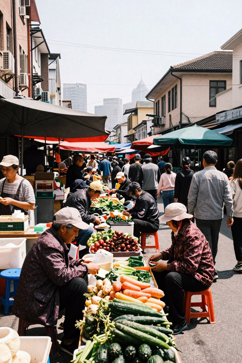 Bustling Shanghai Street Market Under Noon Sun with Junk Boat in Background in in Shanghai, China