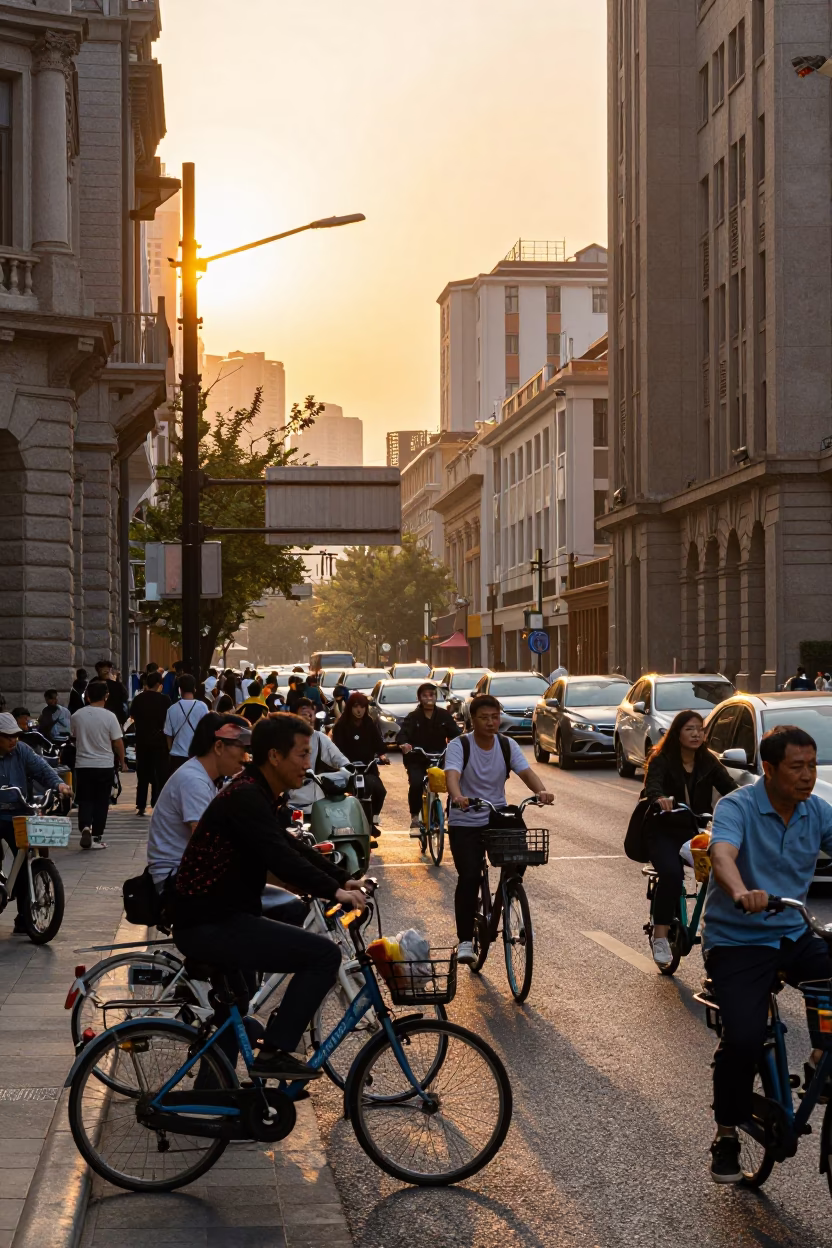 Bustling Shanghai Street Scene at Sunset with Bicycles and Urban Life in in Shanghai, China