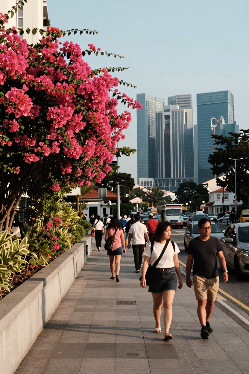 Bustling Singapore Street Scene in Late Afternoon Light with Bougainvillea Blooms in in Singapore, Singapore