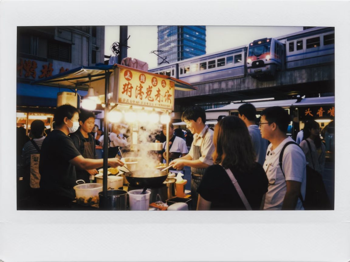 Bustling Taipei Street Food Stall in Honeyed Evening Light with Monorail Reflection in in Taipei, Taiwan