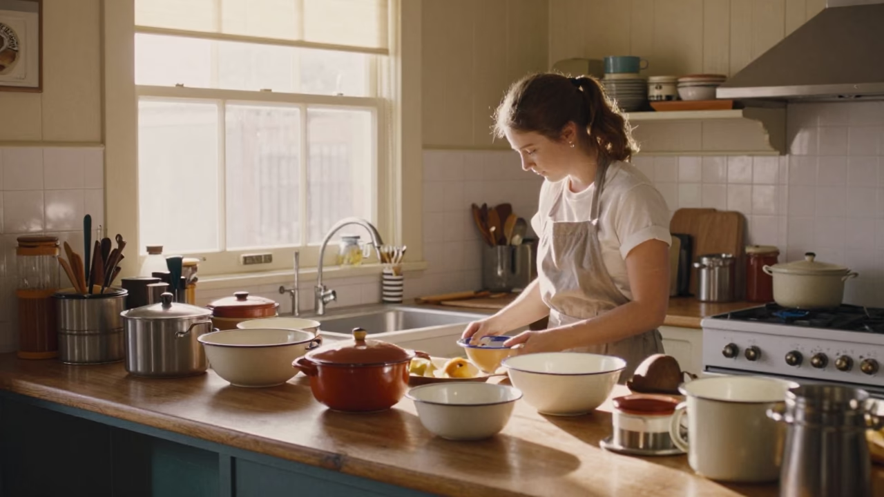 Busy 1950s Adelaide Kitchen Scene with Enamel Bowls and Peg Rail in in Adelaide, South Australia, Australia