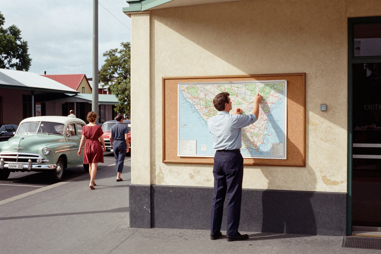 Busy 1950s Adelaide Street Scene with Smudged Plaster Wall and Vintage Details in in Adelaide, South Australia, Australia