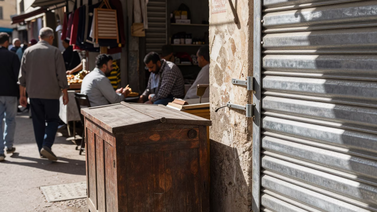 Busy 1950s Alexandria Egypt Street Scene with Breadbox and Brushed Steel Hinge in in Alexandria, Egypt
