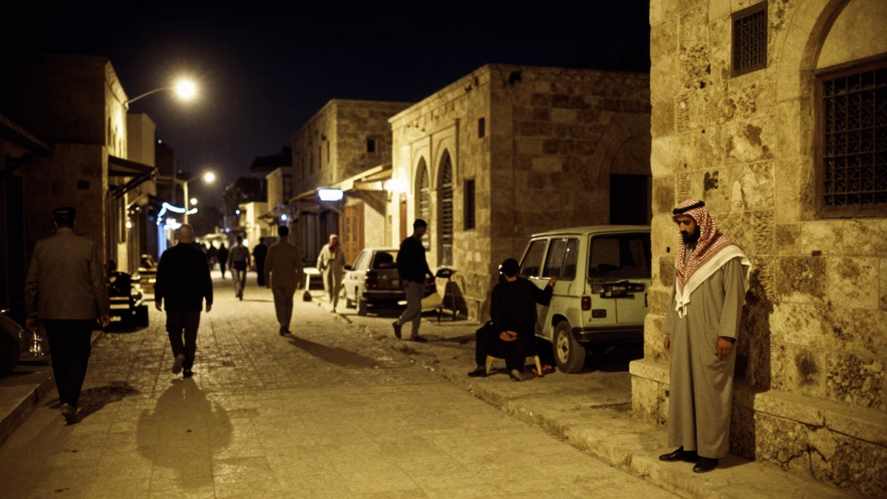 Busy 1950s Amman Jordan Night Street Scene with Linen Fringe and Local Life in in Amman, Jordan