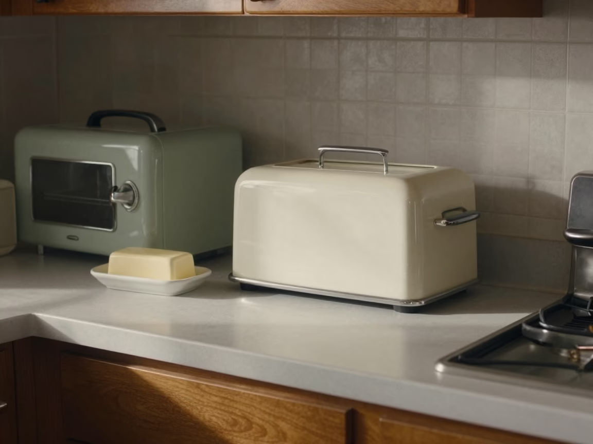 Busy 1950s Austin Texas Kitchen Counter with Vintage Appliances and Domestic Details in in Austin, Texas, United States
