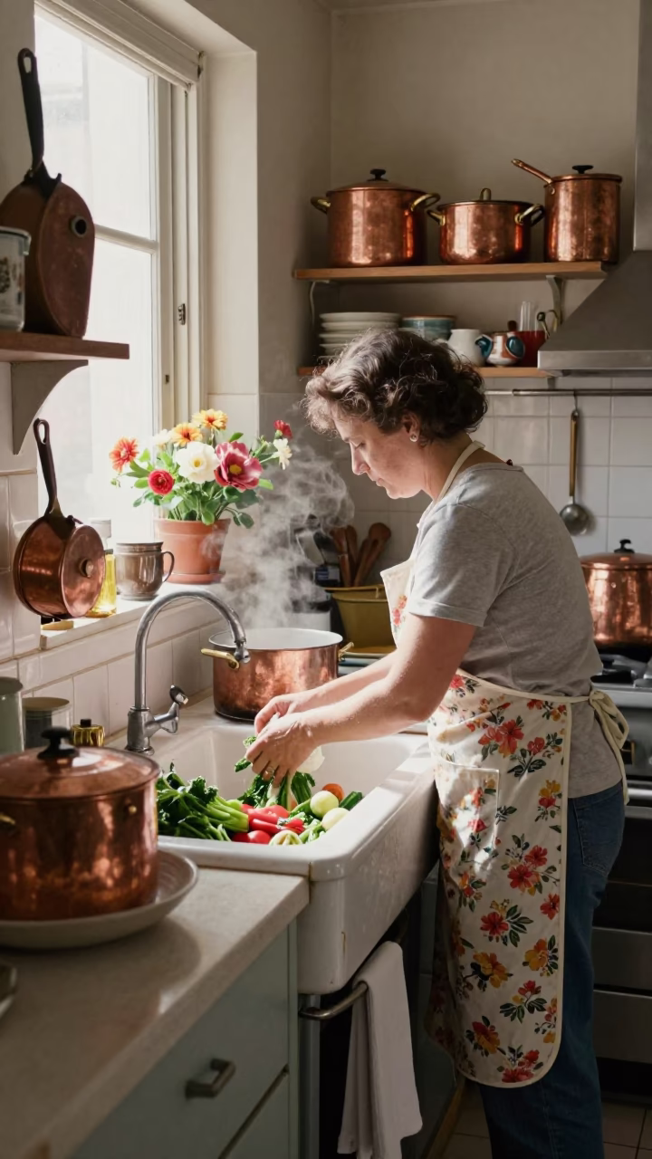 Busy 1950s Barcelona Kitchen with Copper Pots and Flowering Plant in in Barcelona, Spain