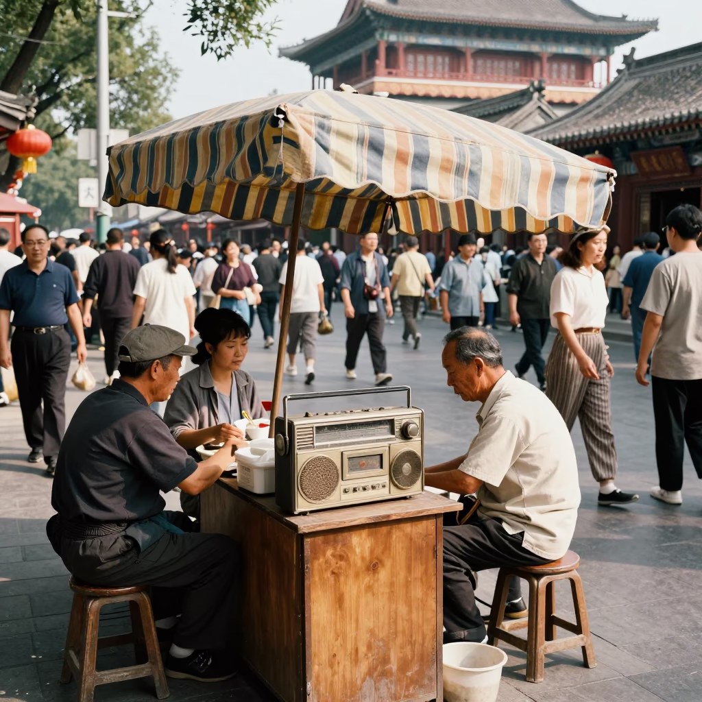 Busy 1950s Beijing street scene with vendor and vintage radio in in Beijing, China