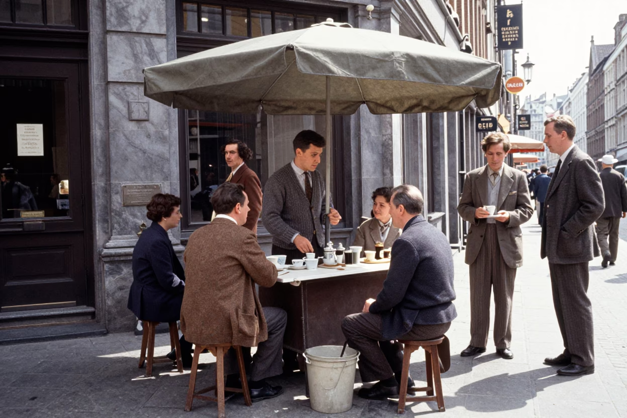 Busy 1950s Brussels Street Corner Tea Seller With Customers in in Brussels, Belgium