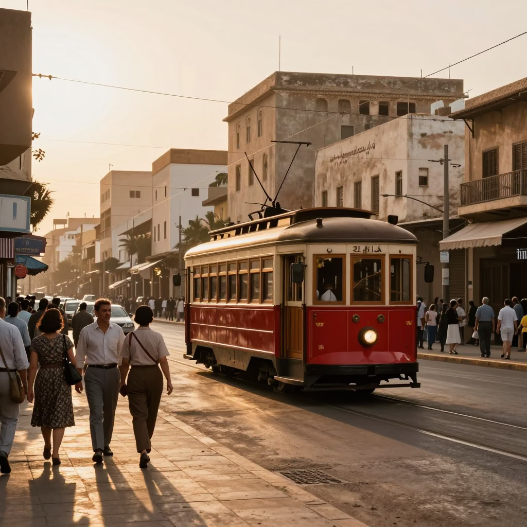 Busy 1950s Casablanca Street Scene with Heritage Tram and Honeyed Evening Light in in Casablanca, Morocco
