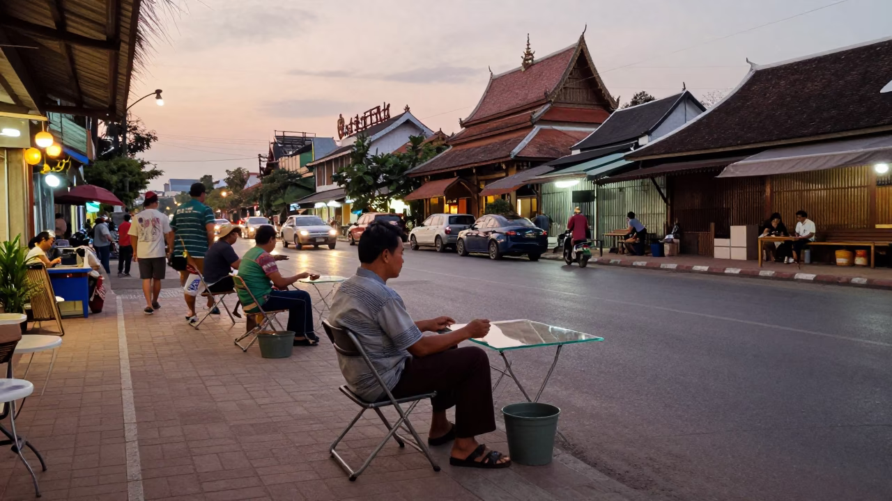 Busy 1950s Chiang Mai Street Scene with Folding Chair and Glass Edge in in Chiang Mai, Thailand