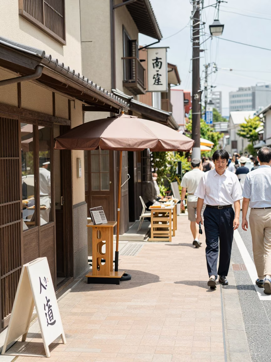 Busy 1950s Fukuoka Street Scene with Umbrella Stand and Local Commerce in in Fukuoka, Japan