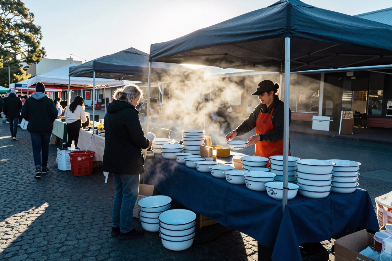 Busy 1950s Hobart Market Stall with Enamel Bowls and Morning Mist in in Hobart, Tasmania, Australia