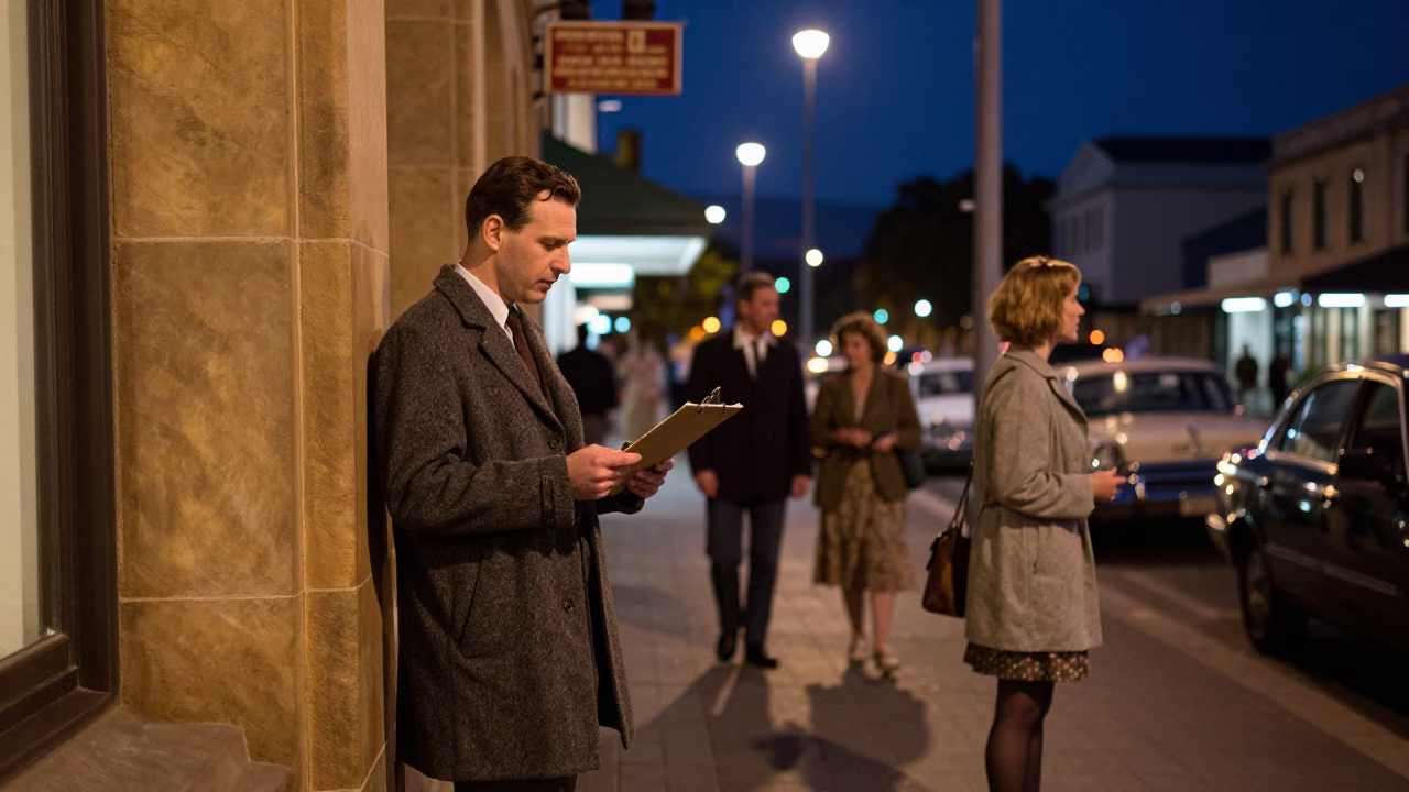 Busy 1950s Hobart Street Scene with Clipboard and Night Sky in in Hobart, Tasmania, Australia