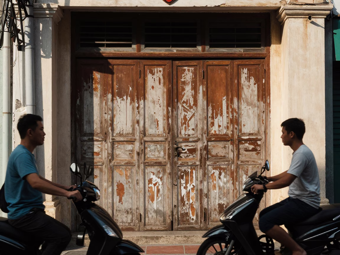 Busy 1950s Kuala Lumpur Street Scene with Weathered Wooden Door and Henna Artist in in Kuala Lumpur, Malaysia